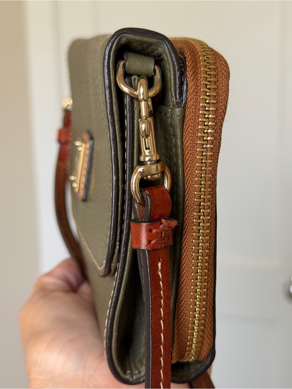 Dooney & Bourke Olive Pebbled Leather Crossbody with Brown Trim - Picture 4 of 15